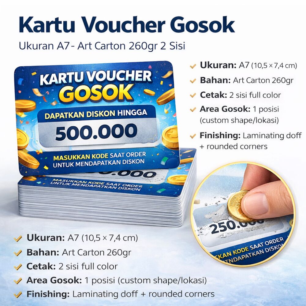 Cetak Voucher Gosok A7 - Art Carton 260gr 2 Sisi, 1 Posisi Gosok, Laminating Doff, Rounded Corners